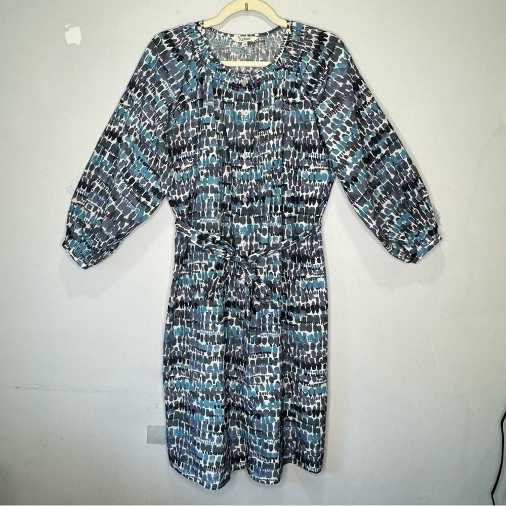 Tucker Silk Blend 3/4 Sleeve Button Down Belted Midi Dress Blue